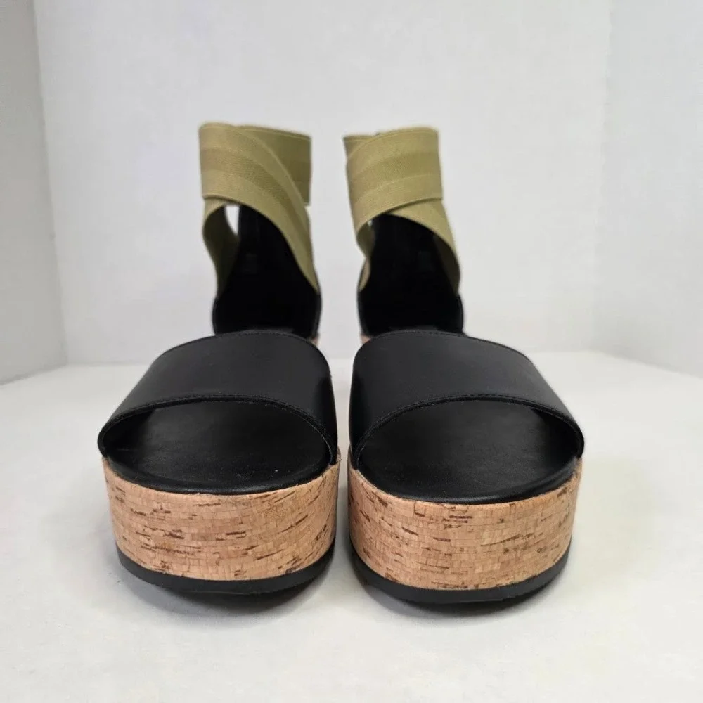 Sorel Women 7.5 Cameron Flatform Sandals Black Sage Cork LL6025-010